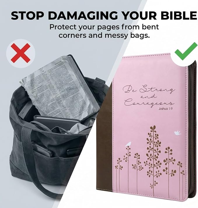 Bible Cover Case for Women and Girls, Large Faux Leather, Joshua 1:9, Zippered Carrying Case with Handle and Pockets, Church Bag, Christian Gifts for Women, Pink/Brown - Office Werks
