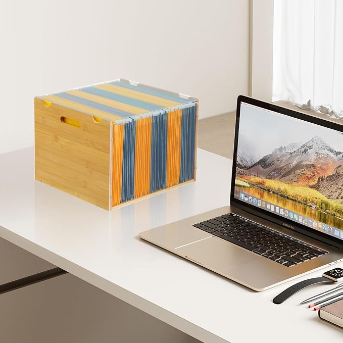 Bamboo File Organizer Box with Lid, Hanging File Storage Box with Handle suitable for Home Office Desk Banker Document Letter Size