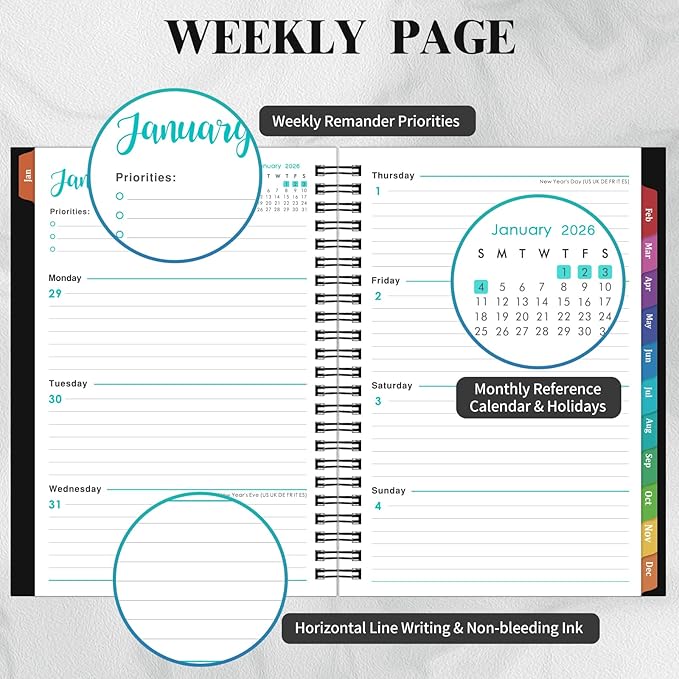 2026 Planner- Planner 2026 Weekly and Monthly, Jan.2026 - Dec.2026, 6.3"×8.4", Weekly & Monthly Planner 2026, Colorful Tabs, Twin-wire Binding, Back Pocket - Black