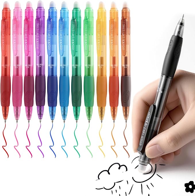 EUSOAR Erasable Gel Pens, Retractable Sketching Drawing Colored Pens Set of 12 Assorted-Color, Clicker Multicolor Pen Fine Point (0.5mm) for Writing Planners Note Taking Color-coding Creative Tasks