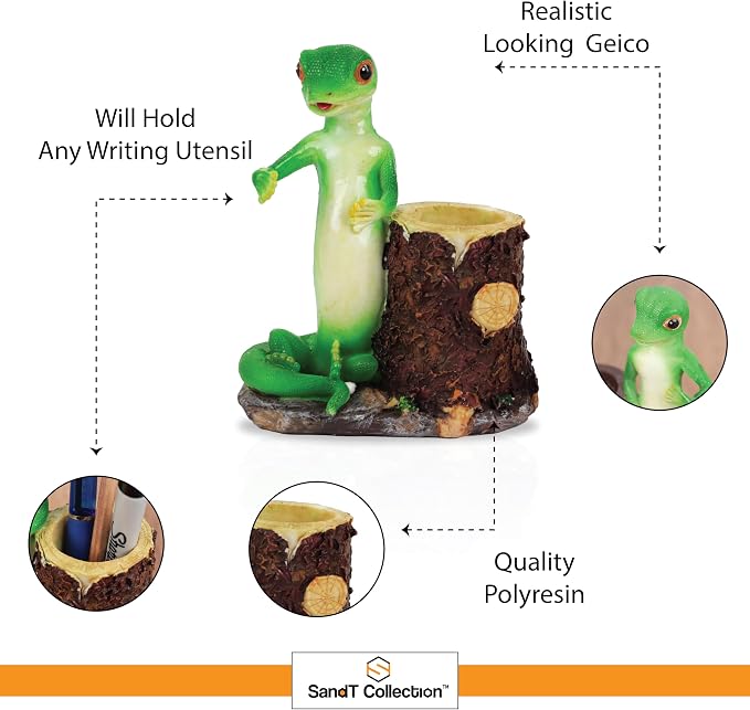 Green Gecko Pencil Holder with Tree Stump or Barrel Storage, Figurine Desktop Accessory (Tree Stump)