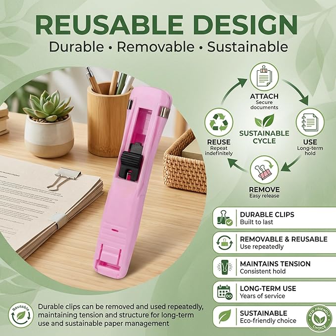 2026 New Portable Binder Clip Stapler, Includes 100 Reusable Clips, Handheld Paper No-Punch Folder, Mini Push Stapler Clamp Staplers for Home, School, and Office Document Binding (3pcsA)