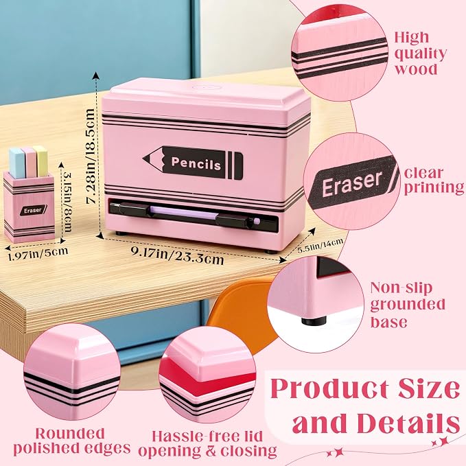 Gueevin 2pcs Pencil Dispenser for Classroom, Fun Desk Organizer with Eraser Holder, Interactive Pencil Storage for Teachers, Students & Homeschool Desk Organizer, Back to School Supplies(Pink)