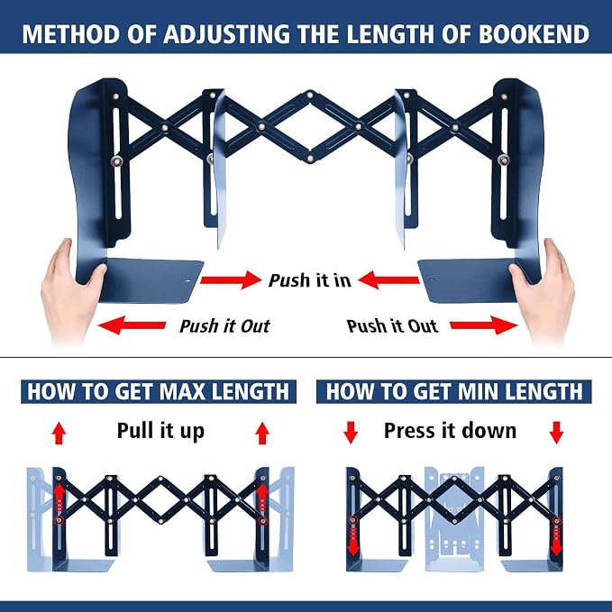 2PCS Adjustable Bookends, Metal Book Ends for Heavy Book, 2 Dividers, Nonslip Book Stander for Desk, Shelf, Office, Stationery Gift, Extends up to 19 inches (Blue)