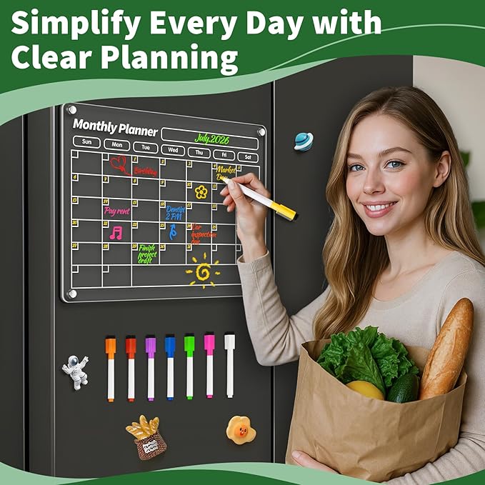 FINDMAG Acrylic Dry Erase Magnetic Calendar for Fridge, 16"x12" Magnetic Calendar for Refrigerator, Clear Monthly and Weekly Meal Planner Fridge Magnets, Chore Chart for Kids with 8 Colors Markers