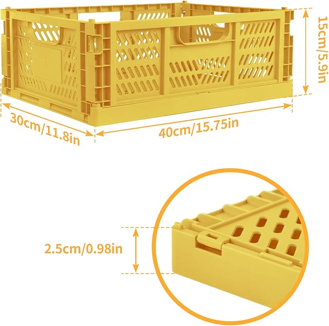 Domiella 4-Pack Stackable Plastic Storage Crates, 16x12x6, Folding for Office, Home, Kitchen, Bedroom, Bathroom, Yellow