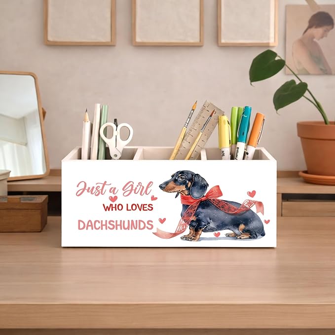 Dachshund Desk Organizer Wooden Pen Pencil Holder for Desk, 3 Compartments Office Accessories, Just a Girl Who Loves Dachshunds Decor, Cute Dachshund Lover Gift for Women Home Office