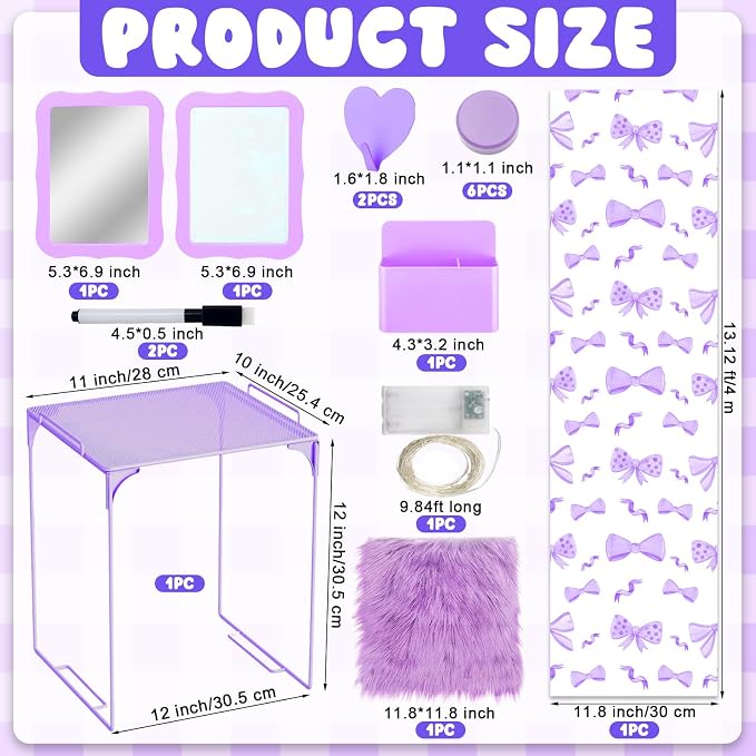 16 Pcs Locker Accessories Kit Purple Locker Organizer Decorations Include Bow Wallpaper String Light Magnetic Whiteboard Mirror Storage Cup Marker Rug Organizing Shelf for Back to School Supply