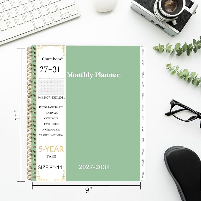 2027-2031 Monthly Planner 5 Year Monthly Planner/Calendar 2027-2031, Jan 2027 – Dec 2031, 9" x 11", Tabs, Double-Side Pocket, Holidays, Thick Paper - Green