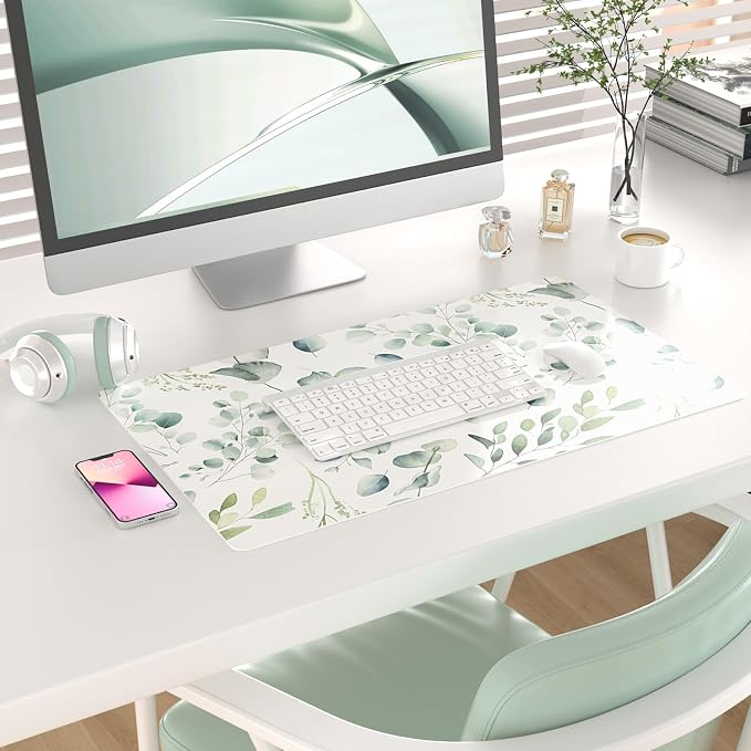 Colorful Star Large Mouse Pad, PU Leather Waterproof Desk Mat, Computer Gaming Mouse Pad, XXL Full Table Mousepad Non Slip Desk Pad for School Office Home 23.6" x 13.8" - Fresh Eucalyptus Leaves