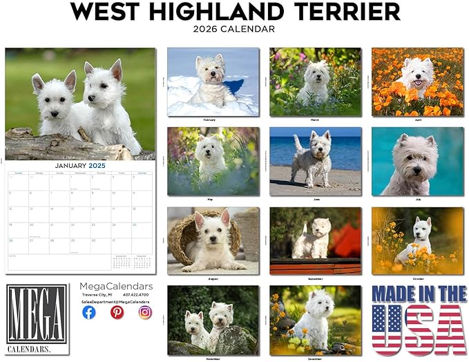2025 2026 West Highland Terrier Calendar - Dog Breed Monthly Wall Calendar - 12" x 18" Open - Thick No-Bleed Paper - Giftable - Academic Teacher's Planner Calendar Organizing & Planning - Made in USA