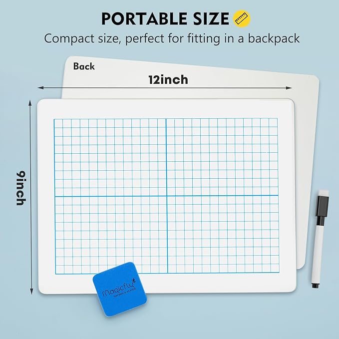 Magicfly Small White Board Grid Whiteboard Dry Erase Boards XY Axis Graph 9"x12", 16 Pack Mini Math Whiteboard Portable for Students Classroom Teachers School Supplies with 20 Pens and 16 Erasers