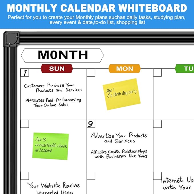 Dry Erase Calendar Whiteboard for Wall 36" x 24", Magnetic Monthly White Board Calendar Dry Erase with Tray, Black Aluminum Frame Bulletin Board for Office Home and School
