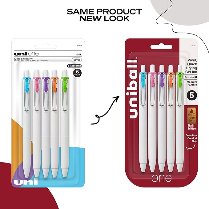 uniball one Retractable Gel Pens, Medium Point (0.7mm), Assorted Ink, 5 Pack