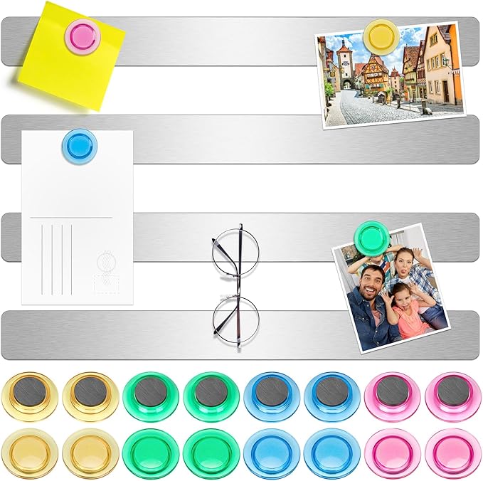 Wukong 4 Pack | 30x3cm(11.81 x 1.18) Magnetic Stainless Silver Boards Strips, Adhesive Backing Bulletin Bar Board, Memo Board with 16Pcs Colorful Magnets for Office, Home, Photo Wall, Document