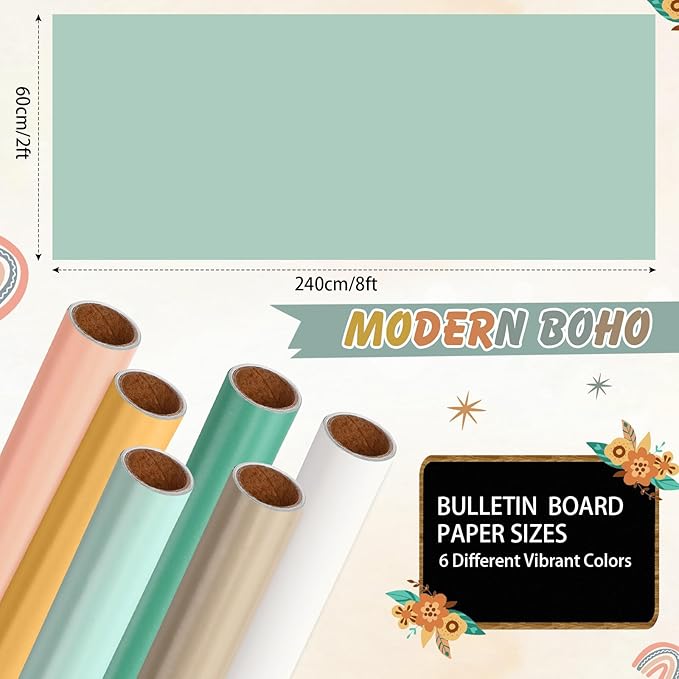 Skyygemm 6 Rolls Bulletin Board Paper Fade Resistant Colored Bulletin Board Paper Roll Bulk for Art Decor Drawing Craft Painting(2 x 8 ft,Bohemian)