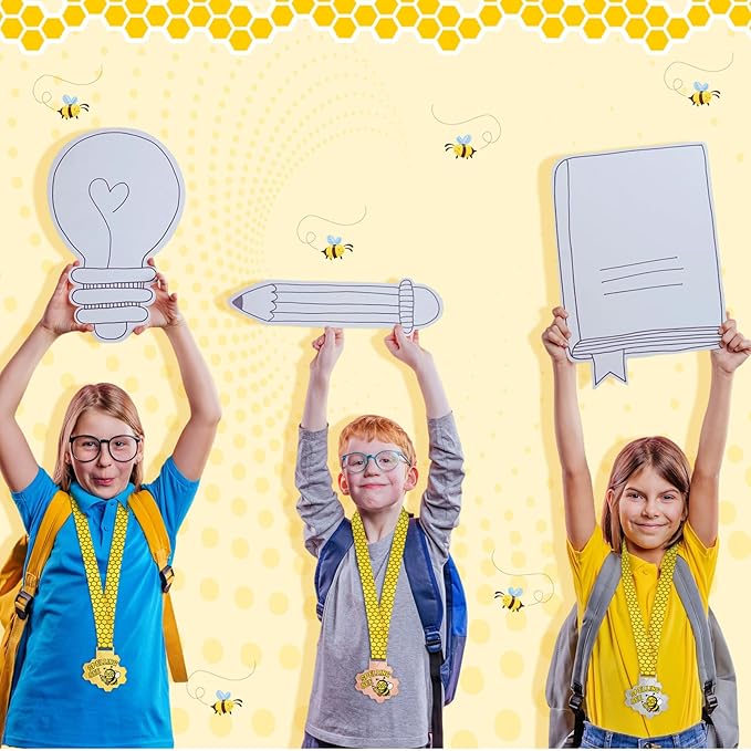 3 Pcs Spelling Bee Medals Honeycomb Gold Silver Bronze Spelling Bee Trophy Awards with Neck Ribbon for Kids Adults Competitions Party Supplies
