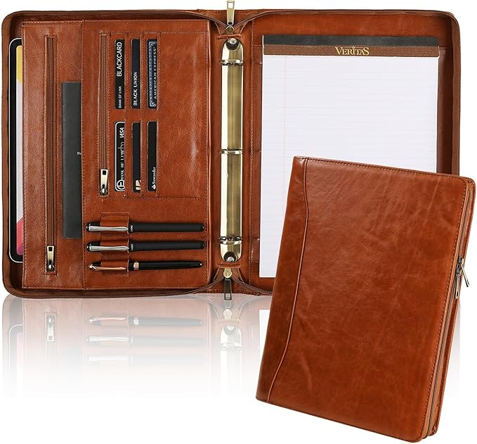 Genuine Leather Portfolio, 3 Ring Binder Padfolio, 11"×14" Padfolio Organizer, Professional Business Portfolio Binder for Men and Women