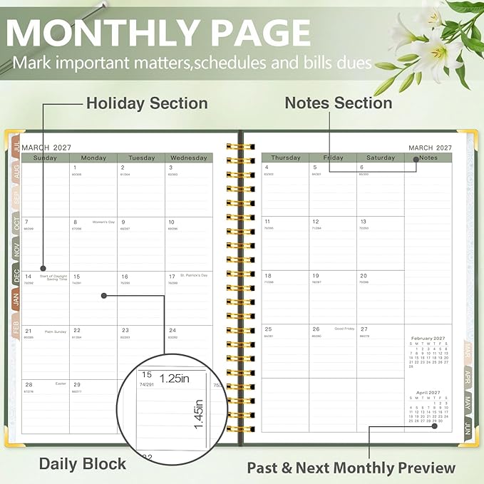 GuassLee 2026-2027 Academic Planner - Hardcover Daily Planner from Jul. 2026-Jun. 2027 - A5 Weekly & Monthly Calendar Agenda Organizer Book with Stickers, Pocket, Coated Tabs - 6.1"x 8.4", Dark Green