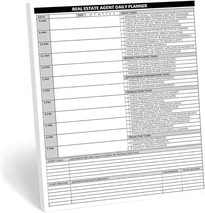 Agent Daily Planner Notepad – Real Estate Daily Task, Call & Mileage Log (8.5 × 11)