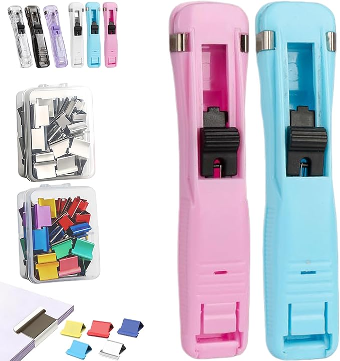 Portable Binder Clip Stapler - Includes 100 Reusable Clips, No Staples, No Holes,Push Clip Paper Clam Dispenser, Reusable Desktop Stapler for Document Home School (2-A)