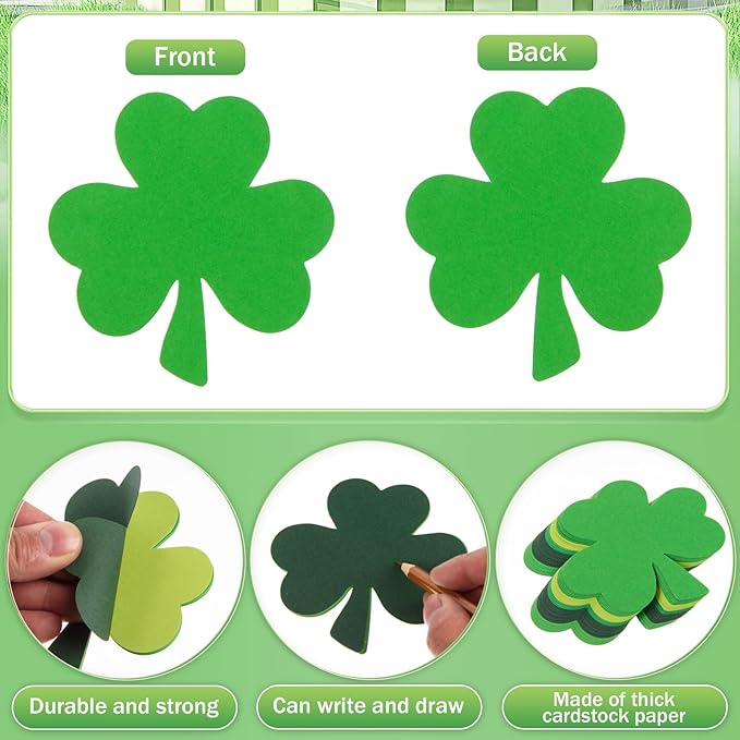 MixTeach 360 Pcs St. Patrick's Day Shamrocks Cutouts 4 Inch Paper Clover Cut-Outs Assorted Green Clover Shape Die Cuts for Irish St. Patrick's Day Party Kids School Craft Project Bulletin Board Decor