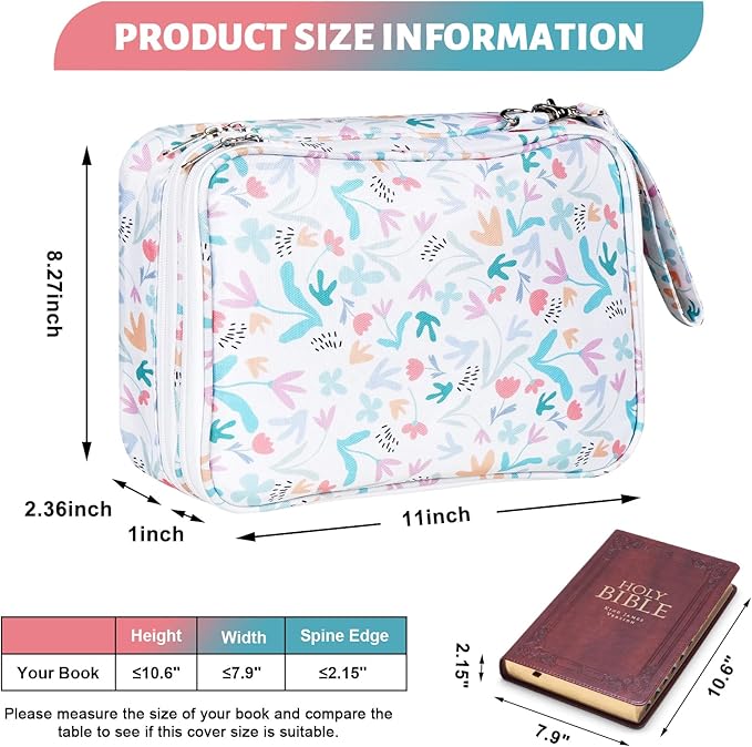 Bible Bag for Girls Organizer - Dual Zipper Compartments with 7 Pen Slots for Church Bible Study, Christian Gift for Teen (Floral-White)