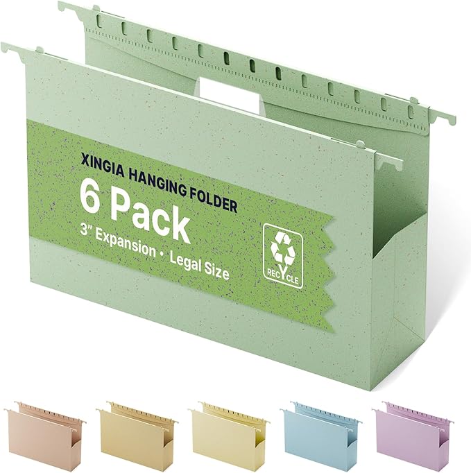 XINGIA Extra Capacity Legal Size File Folders Hanging with Tabs, 3'' Expanding Plastic Hanging File Folders for Filing Cabinet, 6 Pack Wheat Straw Hang Folders for Bulky Files,Hanging File Organizer