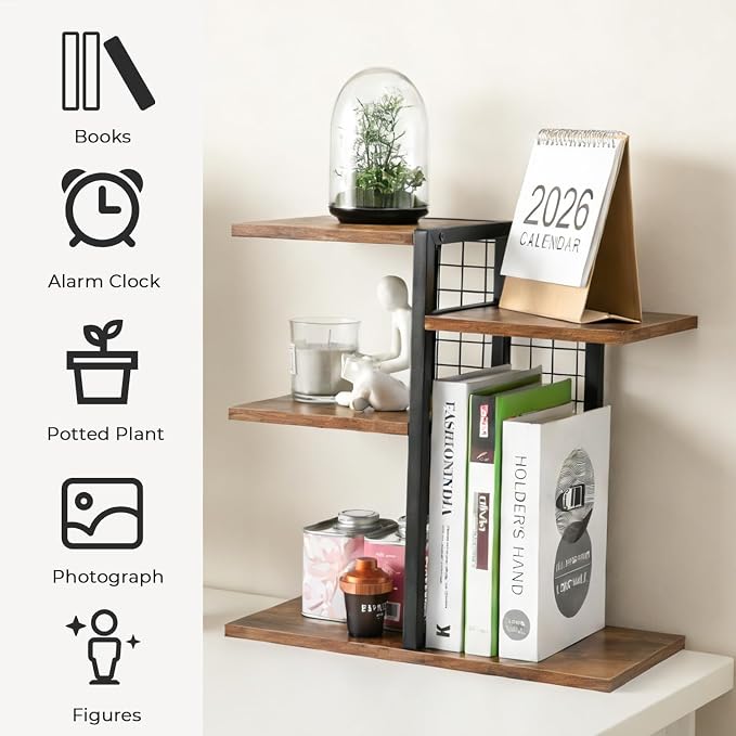 4-Tier Desktop Shelf Organizer, Desk Bookshelf with Wood Shelves and Metal Frame, Space-Saving Tabletop Storage Rack for Books, Decor and Office Supplies, for Home Office or Dorm