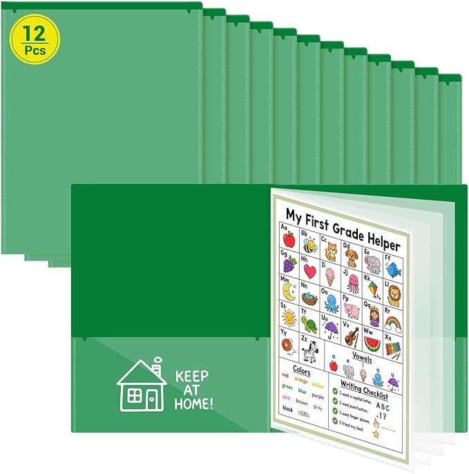 12 Pcs Take Home Folders for Elementary Students,Back to School 2 Pocket Folders with Clear Front Pocket 4 Inner Pockets,Plastic Parent Teacher Communication Folder 11.81 x 9.45 Inch (Green)