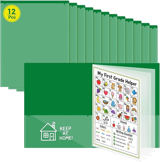 12 Pcs Take Home Folders for Elementary Students,Back to School 2 Pocket Folders with Clear Front Pocket 4 Inner Pockets,Plastic Parent Teacher Communication Folder 11.81 x 9.45 Inch (Green)