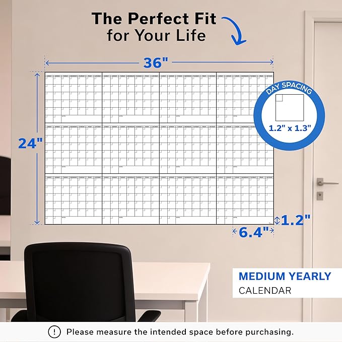Yearly Large Dry Erase Calendar Wall Planner, 24x36, 12 Month Undated Reusable Laminated Wall Calendar, Blank Erasable Task Organizer with Notes for Office, Classroom & Home