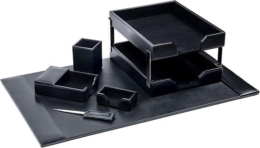DACASSO Bonded Leather Desk Set - Luxury Leather Desk Pad & Desk Organization Essentials - Office Organization & Executive Desk Decor - (Black, 8 Piece)