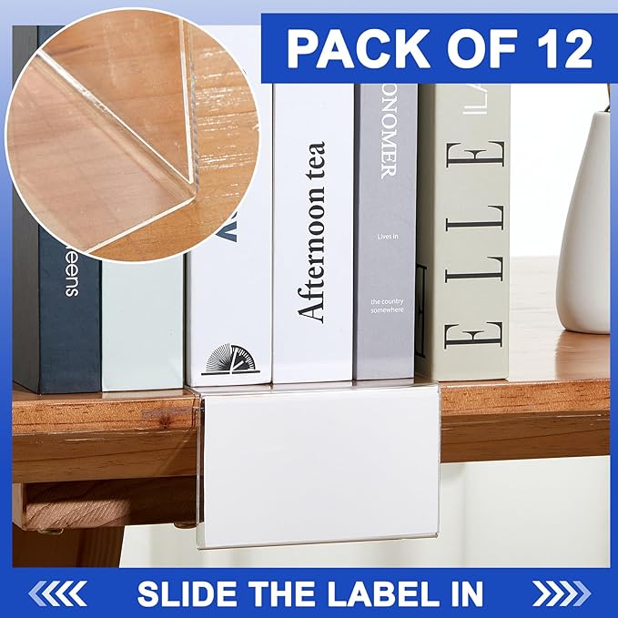 Feifeiya 12 Pcs Acrylic Library Moveable Shelf Label Holders Bulk Talker 4" x 2" Clear Shelf Display Markers Retail Label Tags for Office Home Classroom Office Book Shelve