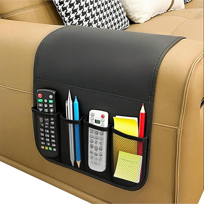 IPENNY No-Slip PU Leather Sofa Armrest Organizer, Remote Control Holder Arm Chair Beside Storage Bag for Recliner with 5 Pockets (Black)