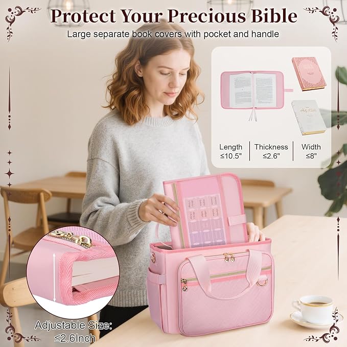 Large Bible Cover Case for Women, Bible Cover with Book Sleeve, Thick Padded Bible Case, Working Bible Tote Bag with Laptop and Bottle Pockets, Church Bag, Bible Bag for Women, Girl, Pink