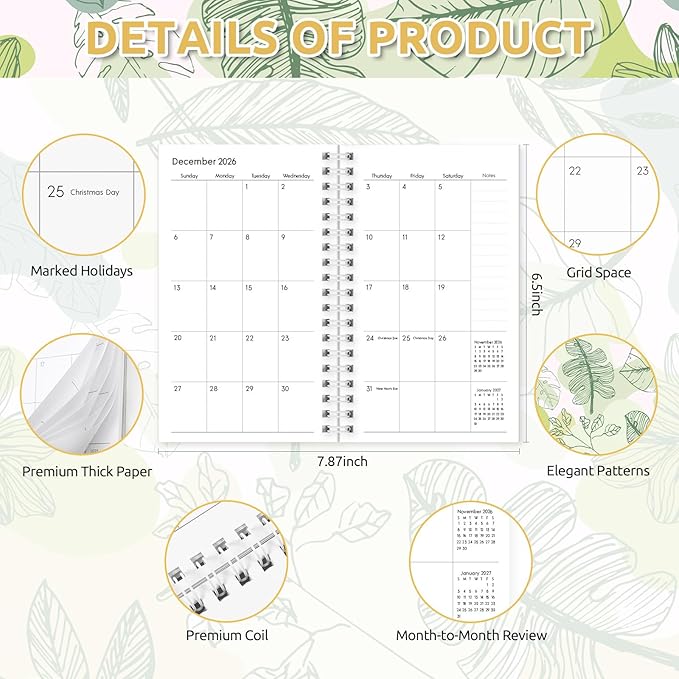 Pocket Calendar 2026-2027, Small Planner -3.7" x 6.7" for Purse, Runs from January 2026 Until December 2027, Monthly Planner 2026-2027 with Coil Organizing & Planning - Green
