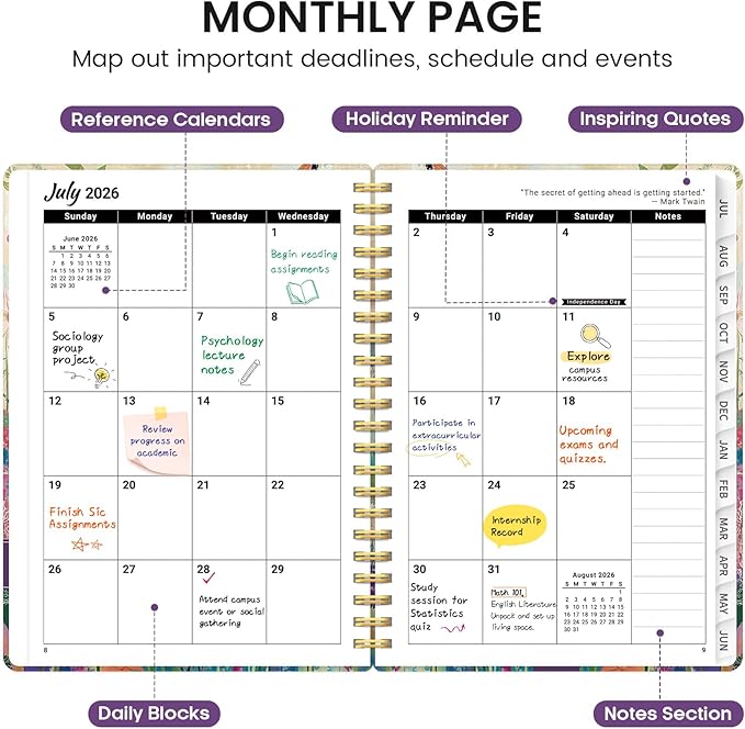 Planner 2026-2027, Academic Monthly and Weekly Calendar Planner for Women, July 2026 - June 2027, Hardcover Pretty Agenda Planner Book with Tabs, Spiral Daily Organizer for School Office Home Supplies, 6.3" x 8.5" - Hummingbird Garden