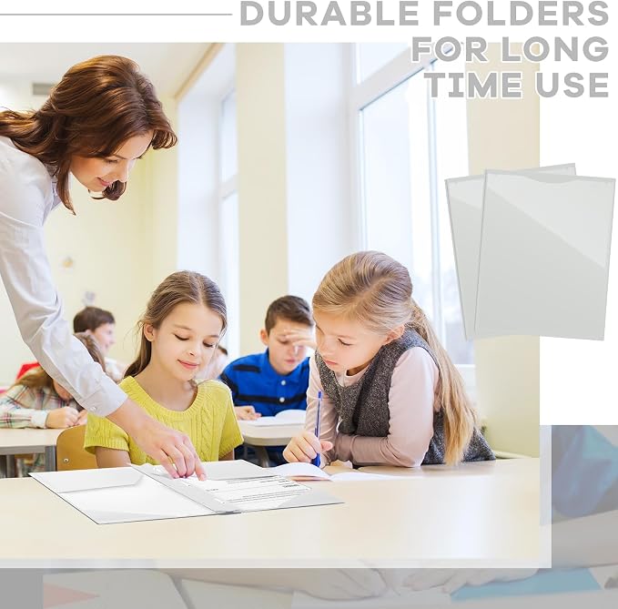 Henoyso 18 Pcs Plastic Folder with Clear Front Pocket and 3 Prong Plastic Folders with Card Slot Pocket Folders with Prongs for School Office (Gray White)