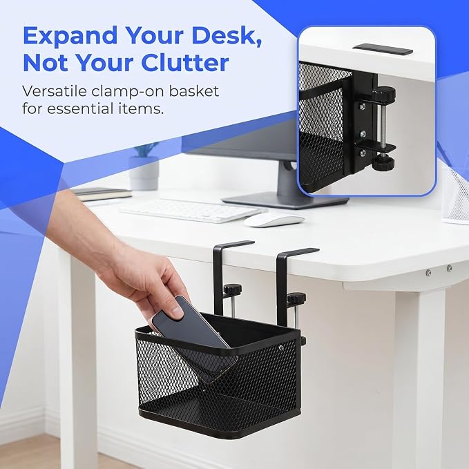 SHINEOFI Clamp Under Desk Storage Organizer Mesh Basket with Clamp for Tidy Desk Cord Management and File Organization for Office Use and Space Saving