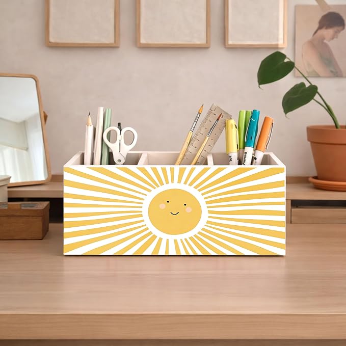 Cute Sun Desk Organizer, Wooden Pen Holder with Smiling Sun Design, Office Desk Accessories, Pencil Holder for Home, Study, School Supplies