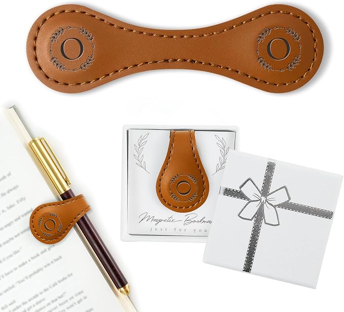 Personalized Leather Magnetic Bookmark with Pen Holder – Custom Initial Design for Readers（Brown-O）