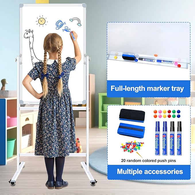 Max-officoo Double Sided Cork Board and White Board 24"x36" Mobile Whiteboard with Stand, Adjustable Height and Angle Magnetic Rolling Dry Erase Board on Wheels for Office, School, Home