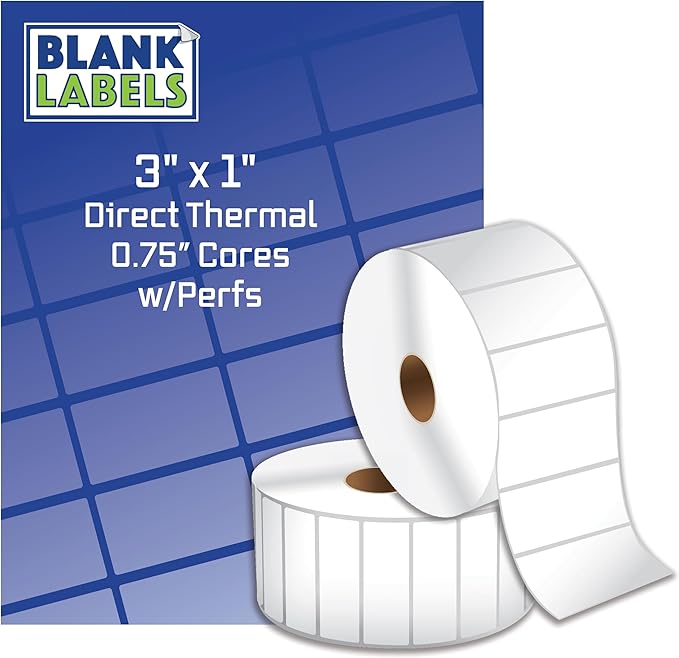 Blank Labels Thermal Transfer Shipping Labels, Matte White Printer Labels on 0.75" Core with Sensor Mark 3" X 1" Label 650 Labels per Roll 4 Rolls