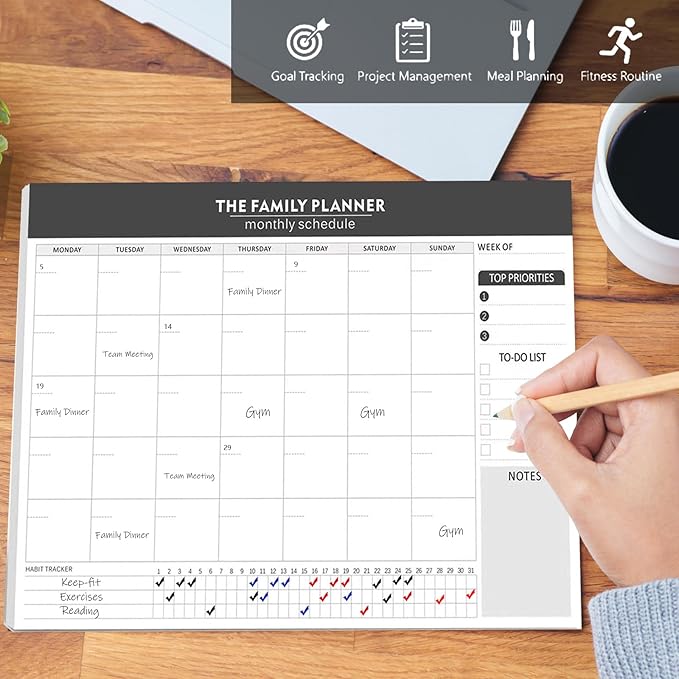 Monthly Planner Notepad with 52 Monthly Blank Calendar Sheets - 7"x10" Undated Format for Flexible Planning & Goal Tracking, Undated Blank Calendar Design for Custom Monthly Scheduling, Black