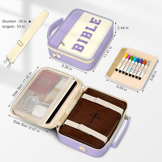 FINPAC Large Bible Cover w/Shoulder Strap, Carrying Book Case Church Bag Bible Protective w/Pen Slots and Zippered Pocket, Gift for Women Lady, Letter Purple