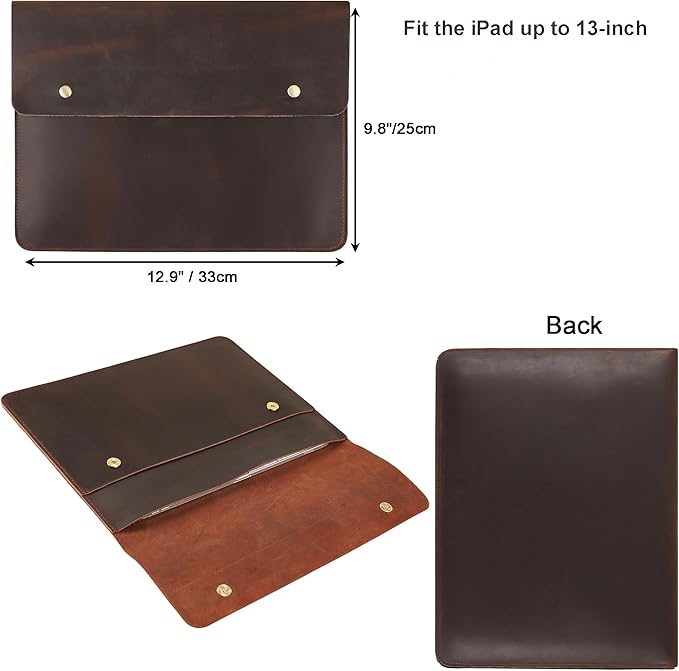 Leather Tablet Sleeve - 12.9 Inch iPad Sleeve, Document Holder Folio File Holder, Genuine Leather Case for Protection and Style-Dark Brown-Custom