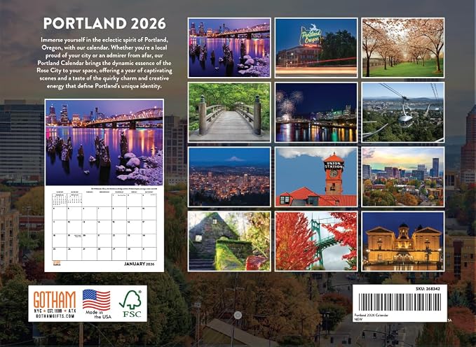 Portland Calendar 2026 Wall 12 Month Monthly OR Scenic Souvenirs Oregon Themed Gifts | American Made In The USA
