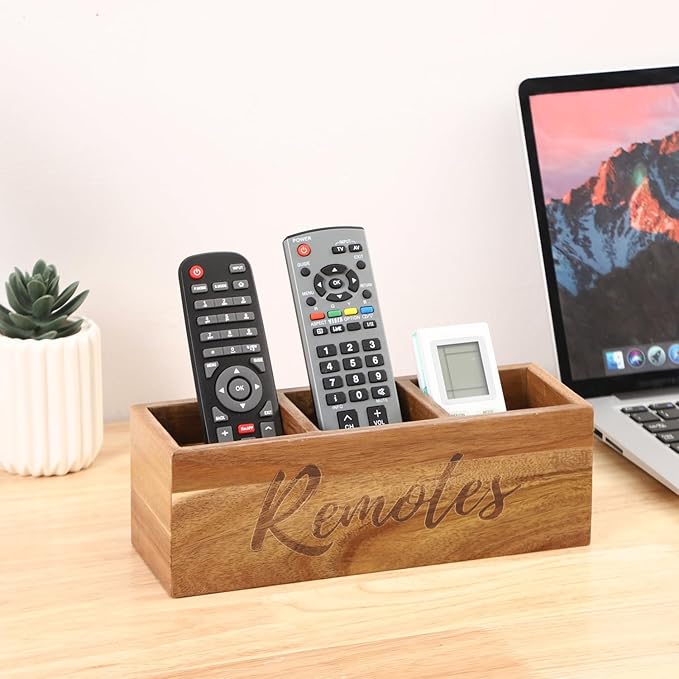 Remote Control Holder, Acacia Wooden Pencil Holder TV Remote Holder with 3 Compartments, Remote Caddy for Table, Small Desktop Organizer for Home Office