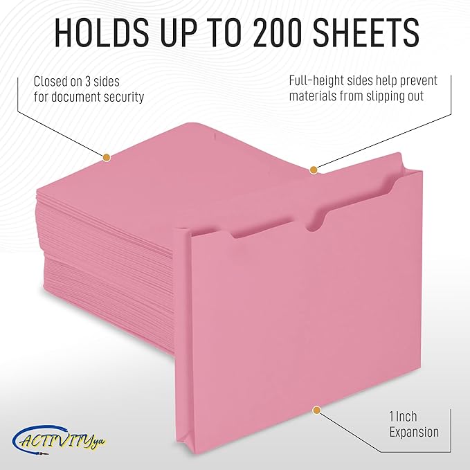 Pink File Jackets, 1 Inch Expansion, Letter Size, Reinforced Straight-Cut Tab, 6 Pack